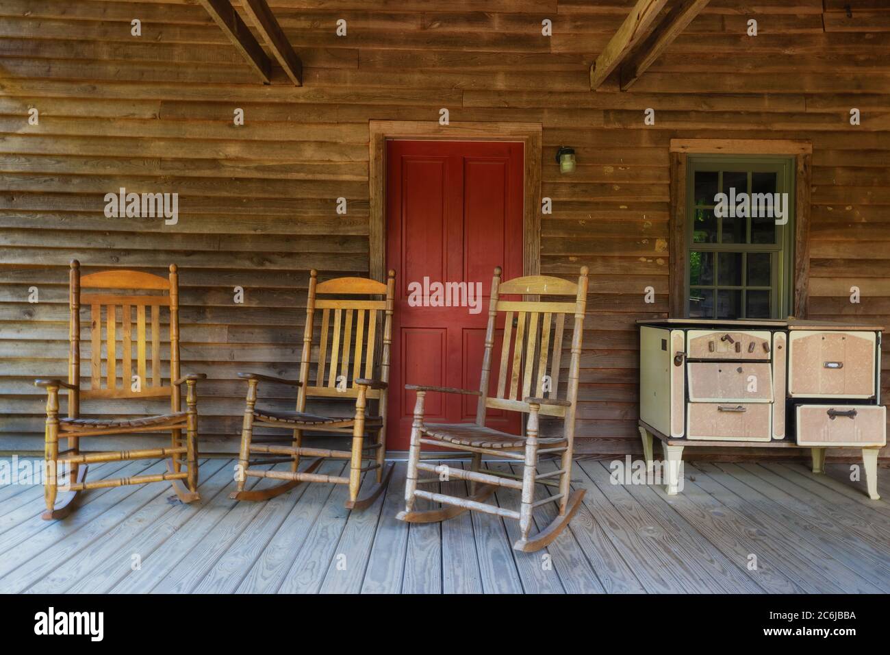 French Camp, Mississippi, USA June 18, 2020 Back porch of a log