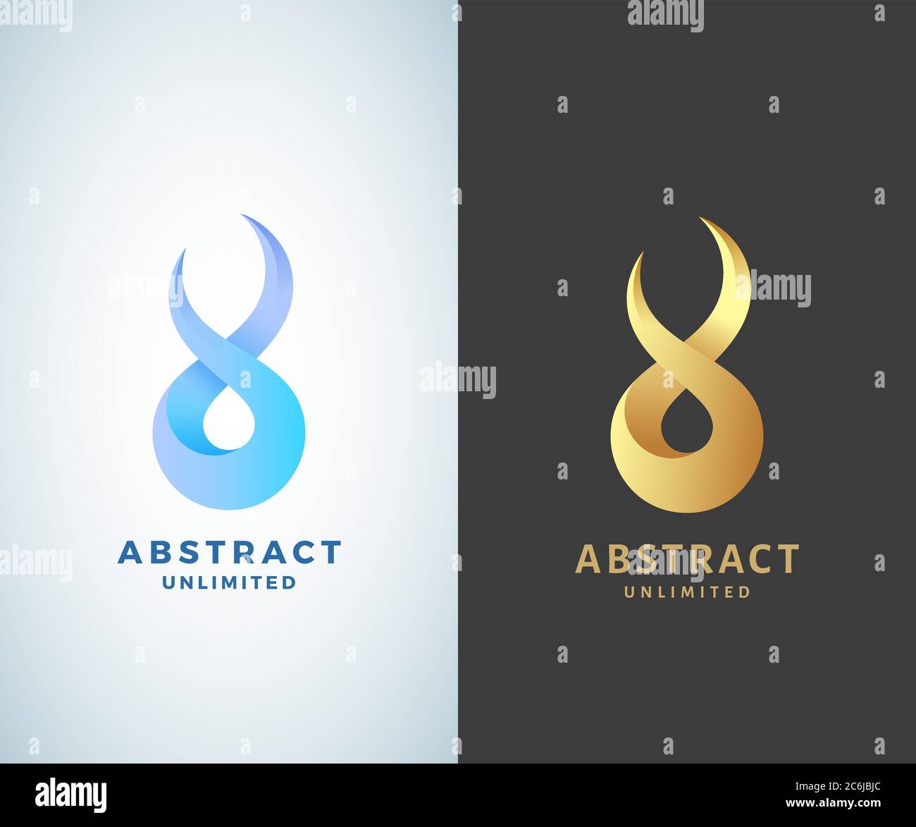 Abstract Vector Infinity Sign, Emblem or Logo Template. Golden on a Dark Background and Isolated Modern Gradient Versions Stock Vector