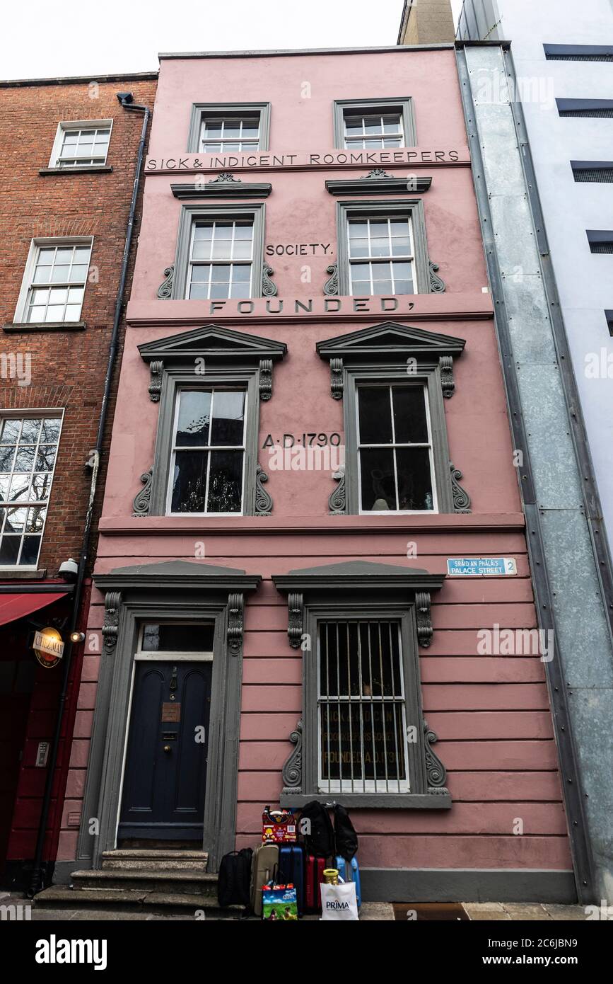 Dublin, Ireland - December 30, 2019: Facade of the buildig of sick and indigent roomkeepers society founded in Dublin, Ireland Stock Photo