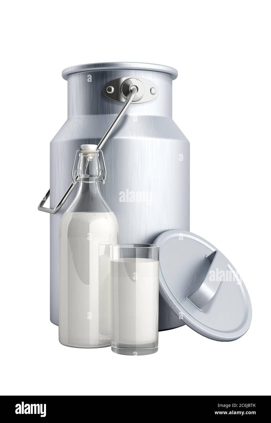 milk can container near the bottle and glass of milk 3d render on white