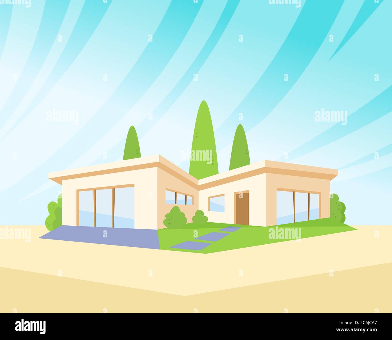 Flat Style Modern Architecture House with Green Lawn and Trees ...
