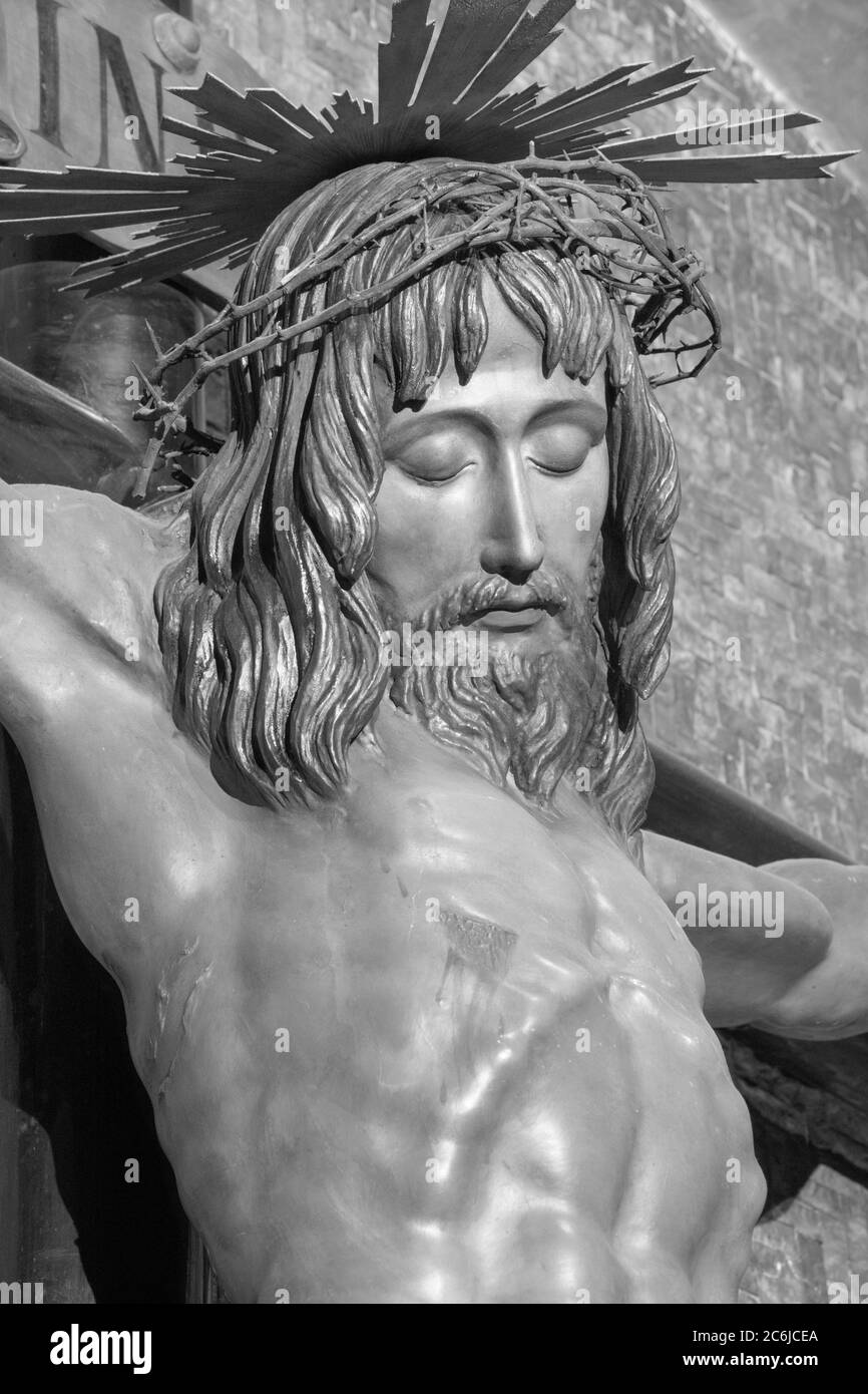 BARCELONA, SPAIN - MARCH 3, 2020: The detail of carved polychrome Crucifixion in the chruch Iglesia de Belen. cent. Stock Photo