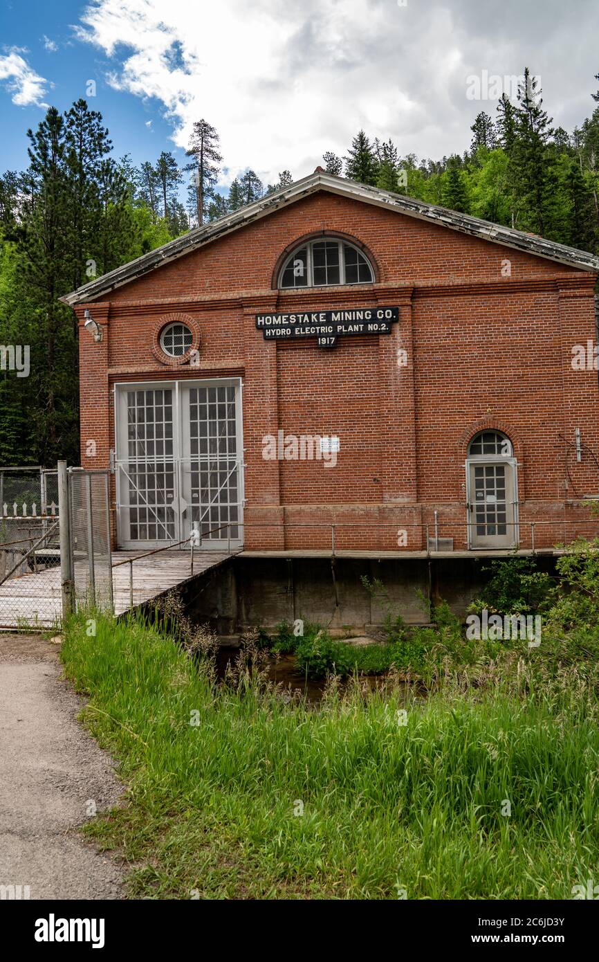 Lead, South Dakota - June 22, 2020: Brick exterior of the historical Homestake Mining Company electro plant located in Spearfish Canyon Stock Photo