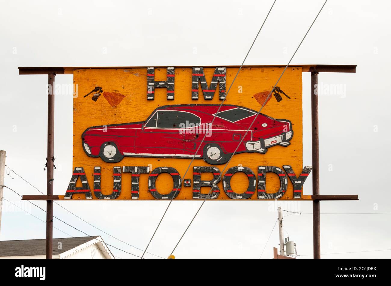 Sign for HM Auto Body, car repair garage in Badger, Newfoundland Stock Photo