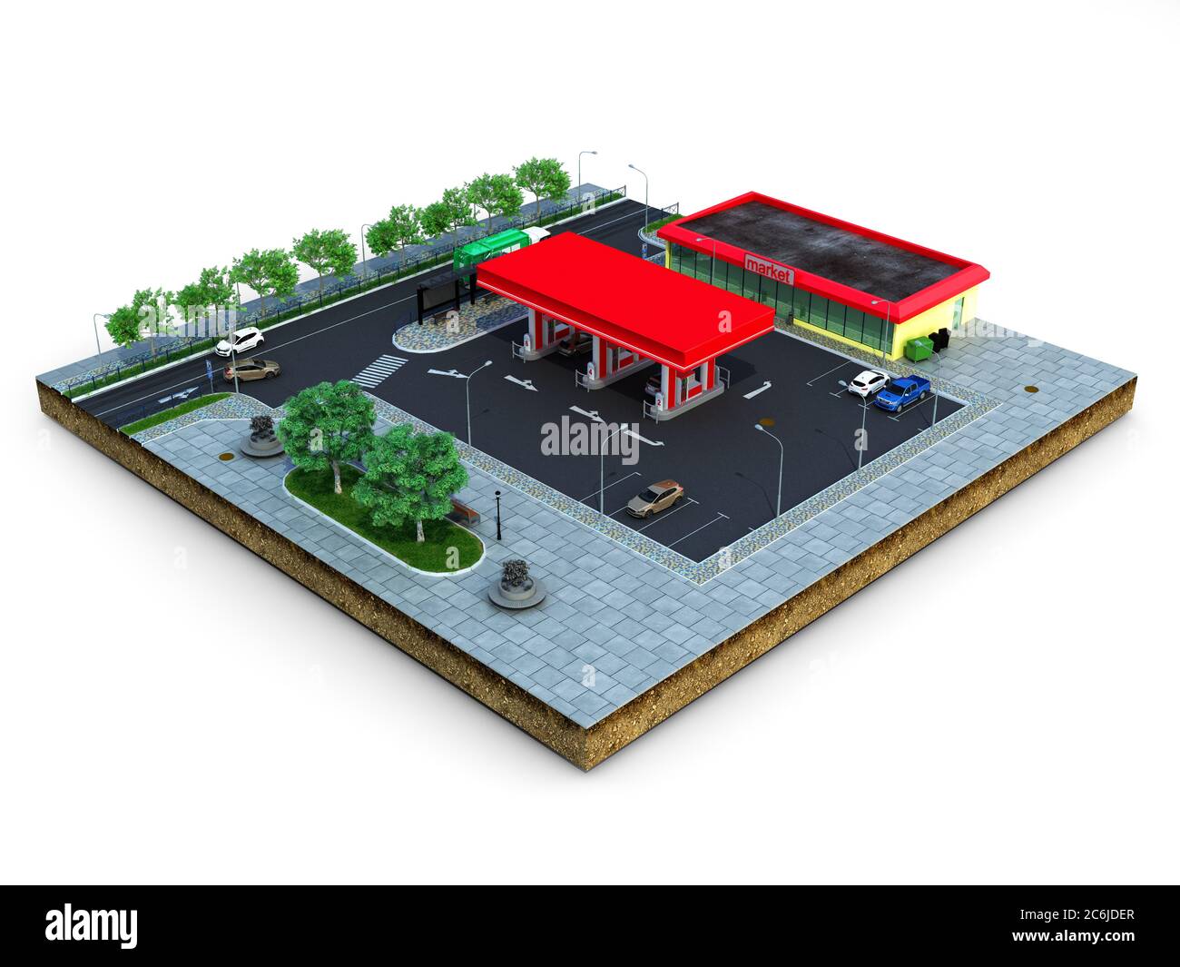 piece of land Gas station with parking on the ground 3d render on white
