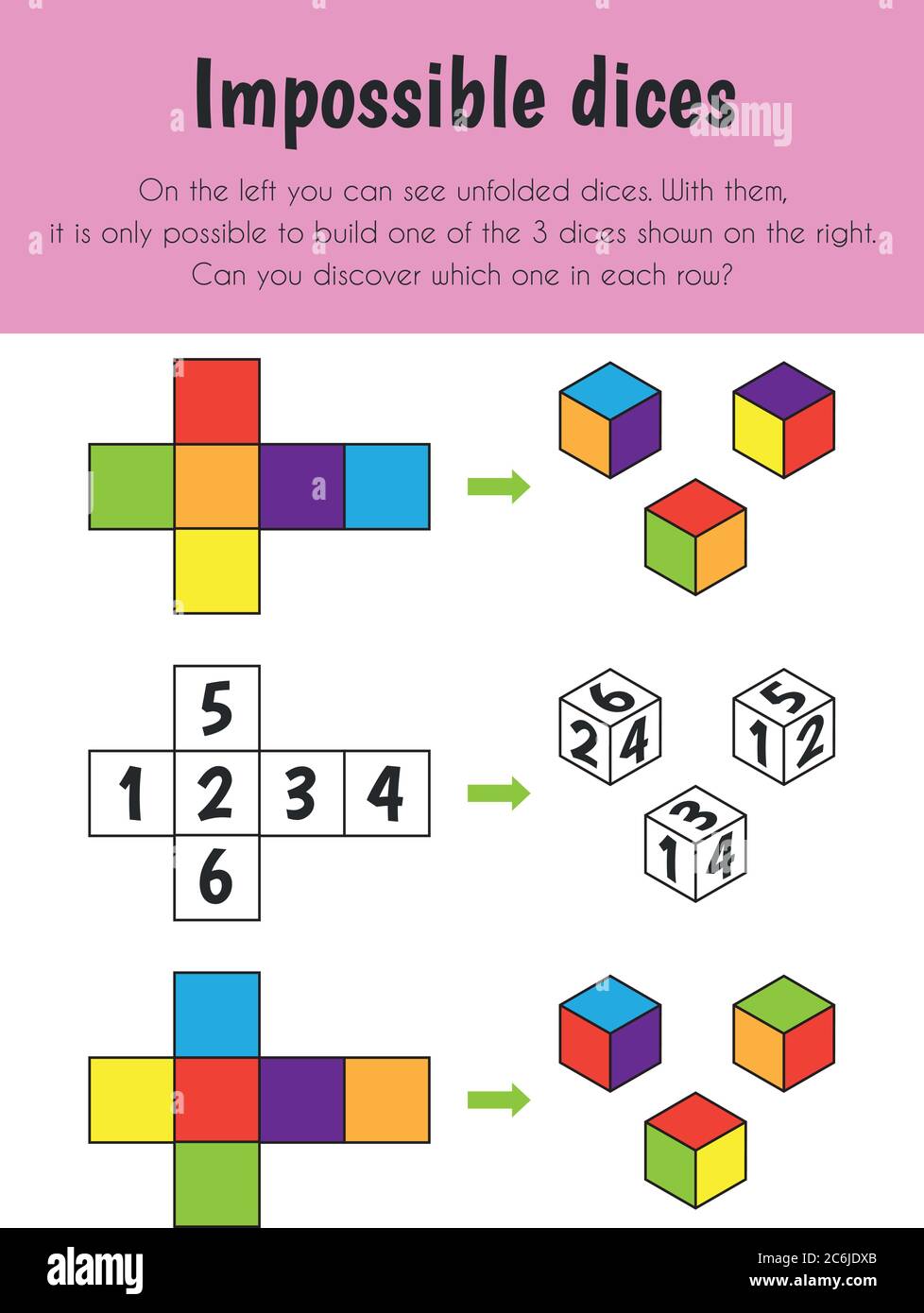 Impossible dices Educational Sheet. Primary module for Logic Reasoning. 5-6 years old. Educational Sheets Series Stock Vector