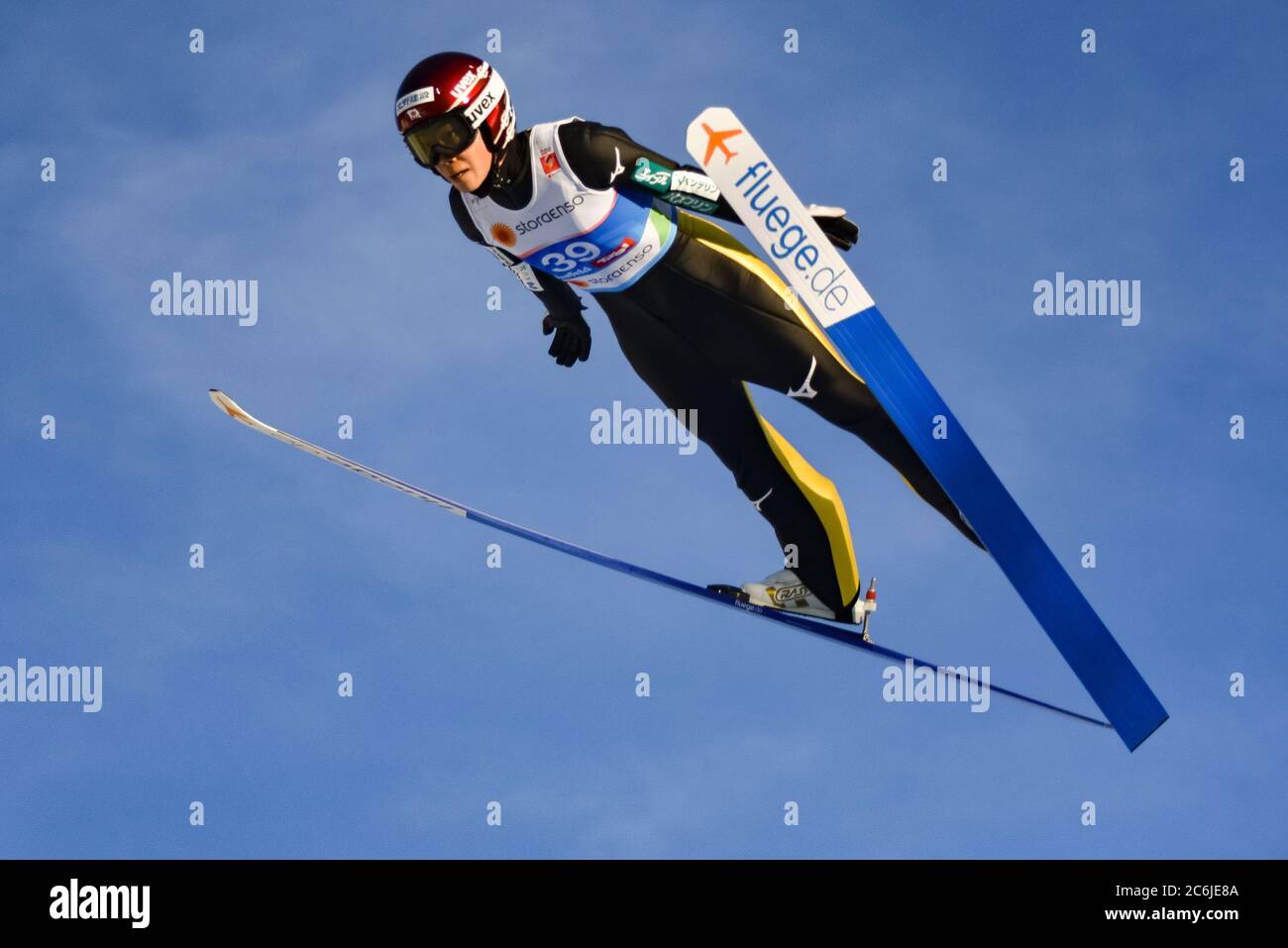 Ski jumpers jump from the large hill at the Nordic World Championships, Seefeld, Austria, 2019. Stock Photo