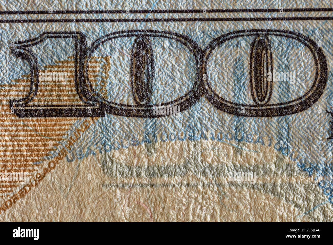 Numeral 100 printed on the front of US$100 banknote (2009 A series). Stock Photo