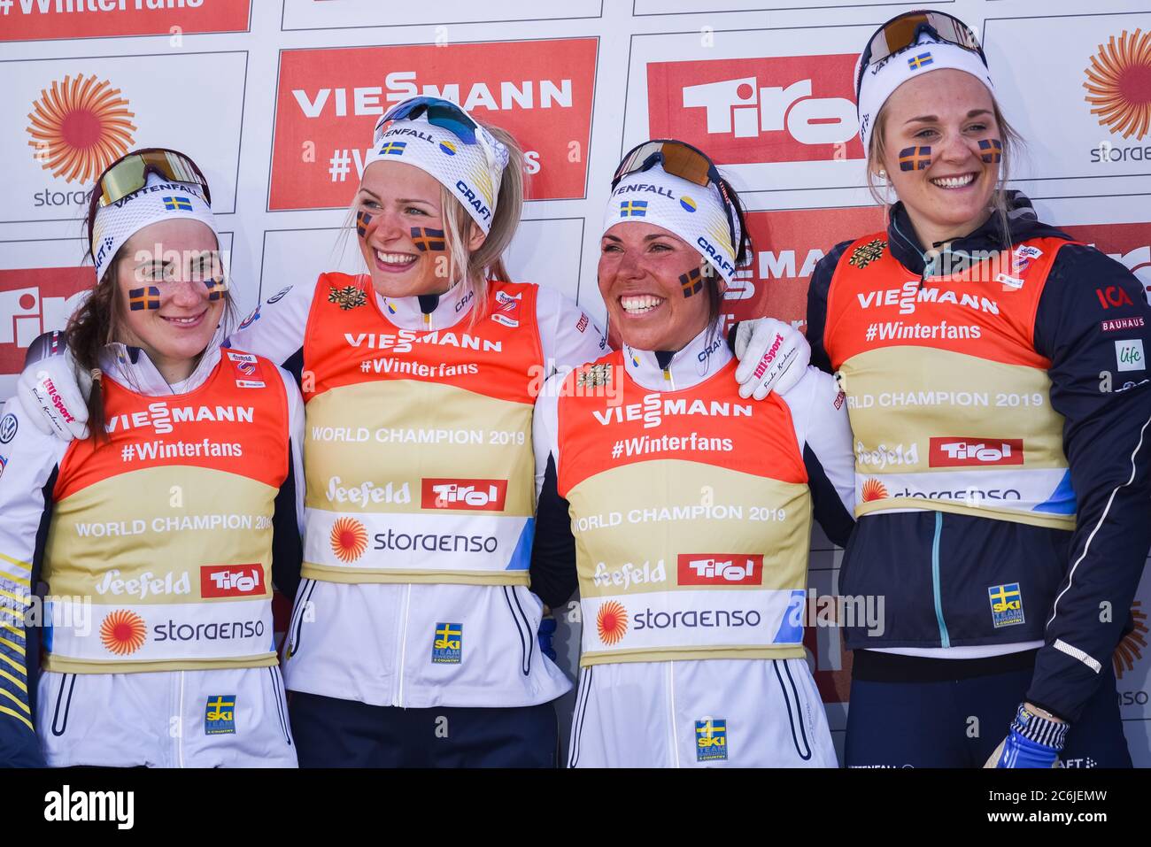 Swedish Ski Team after winning women's relay,  at the Nordic World Championships, Seefeld, Austria, 2019. Stock Photo