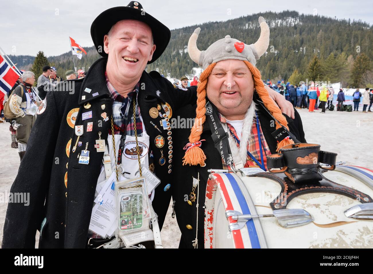 Norwegian ski fans at the Nordic World Championships, Seefeld, Austria, 2019. Stock Photo