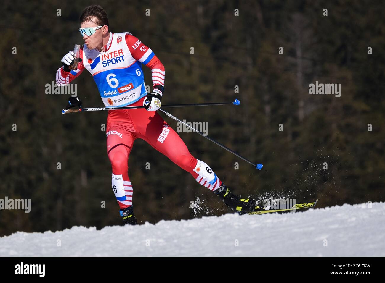 hydrating  at  2019 FIS World Nordic Ski  Championships, Seefeld, Austria. Stock Photo