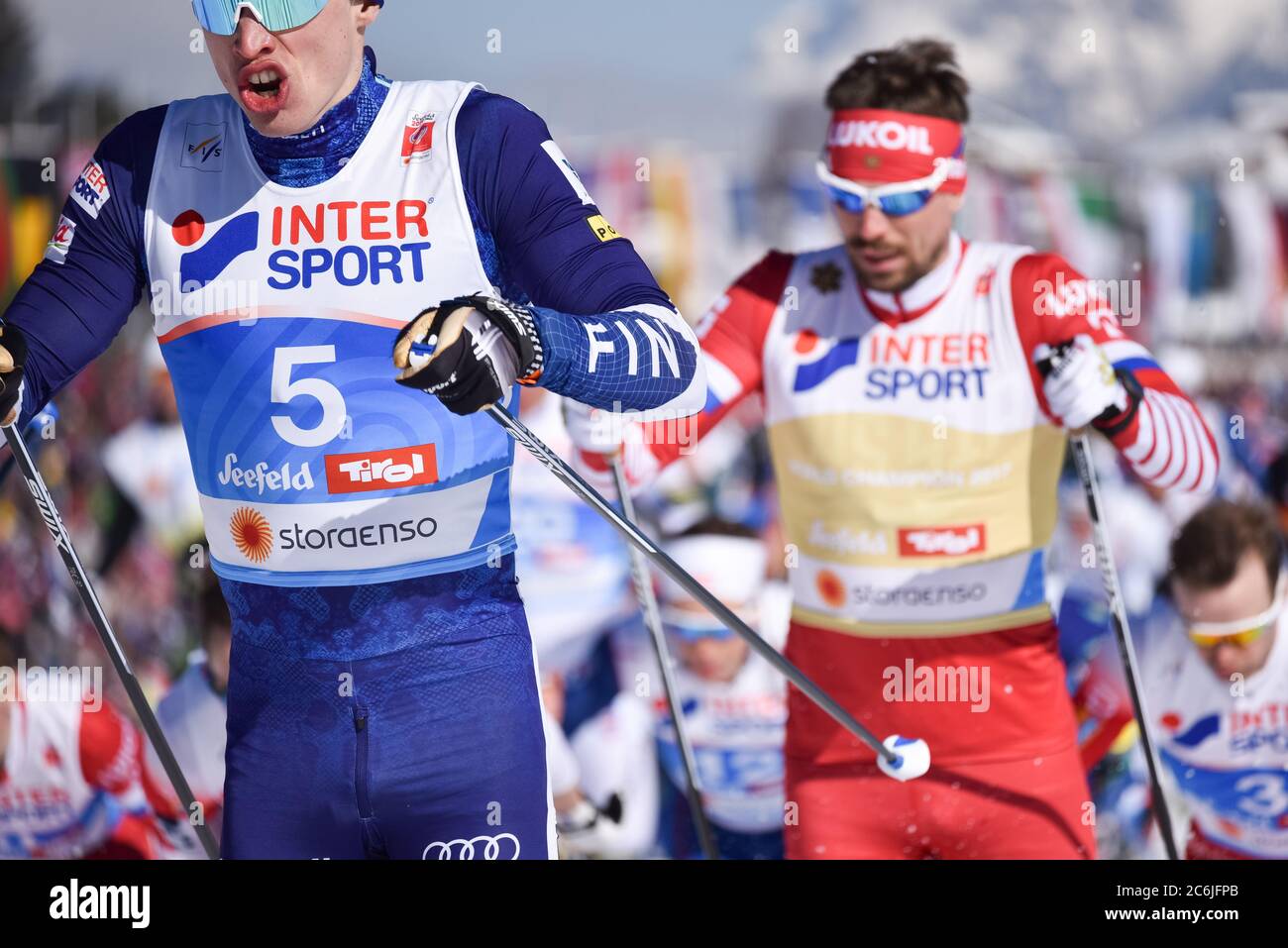 Finland's Iivo Niskanen and Russia's Sergey Ustiugov, 2019 FIS World Nordic Ski  Championships, Seefeld, Austria. Stock Photo