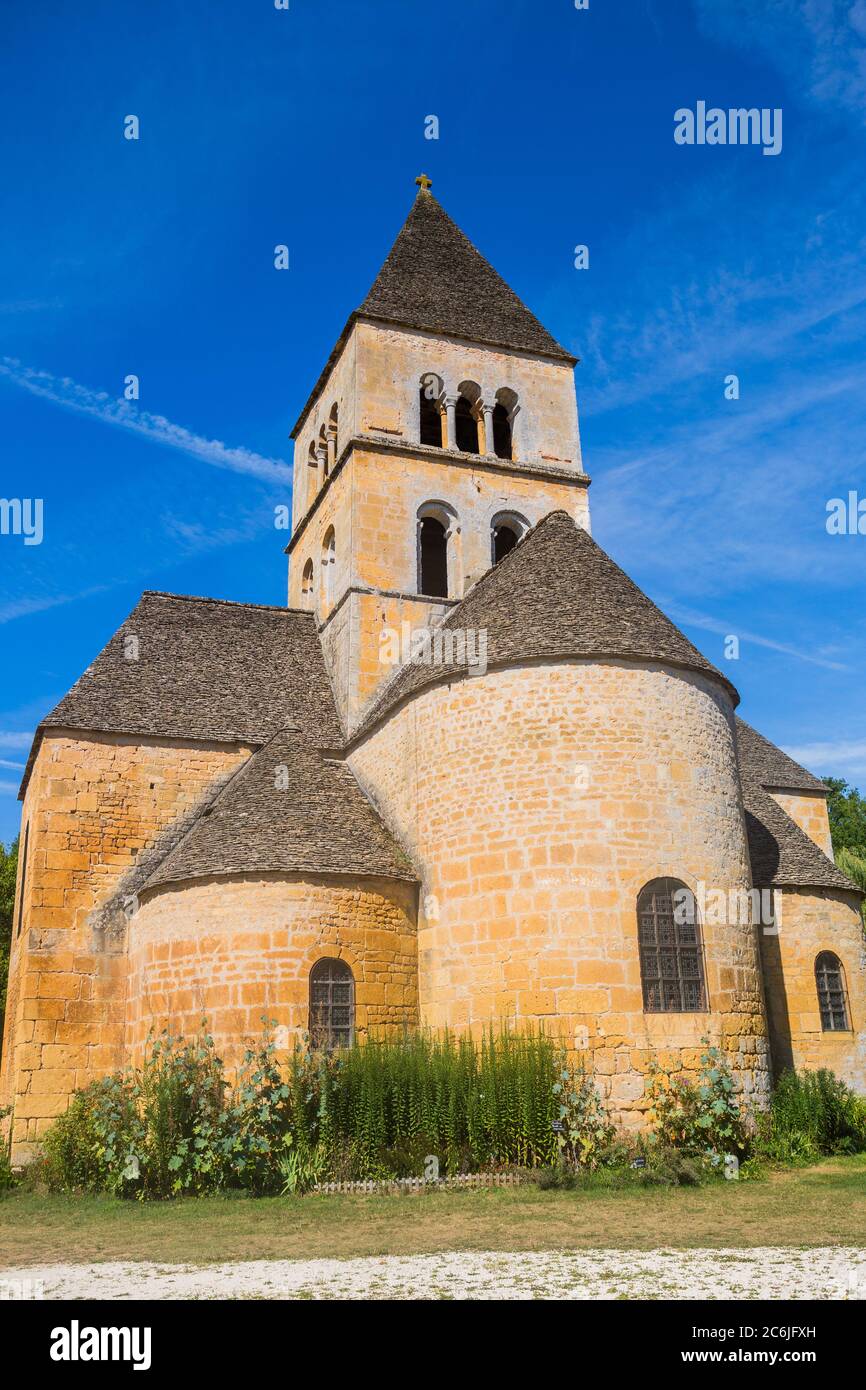 The Romanesque church (XIIth century), classified as a historical monument in Saint-Leon-sur-Vezere, Dordogne, France Stock Photo