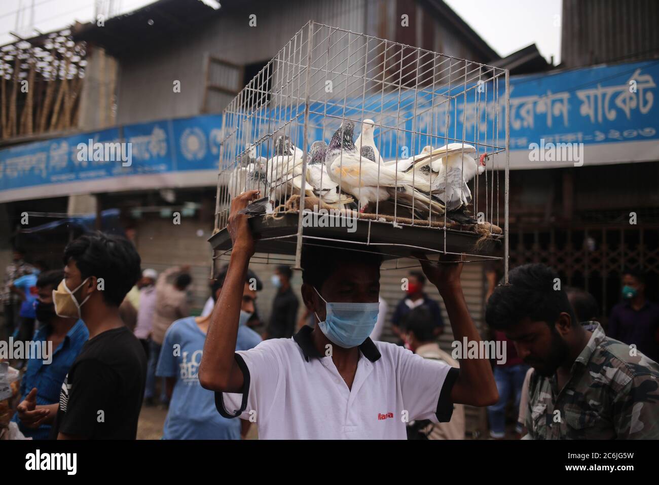 Dhaka, Dhaka, Bangladesh. 10th July, 2020. A pigeon seller is carrying pigeons on the head to the weekly market during the COVID-19 pandemic. Credit: Md. Rakibul Hasan/ZUMA Wire/Alamy Live News Stock Photo