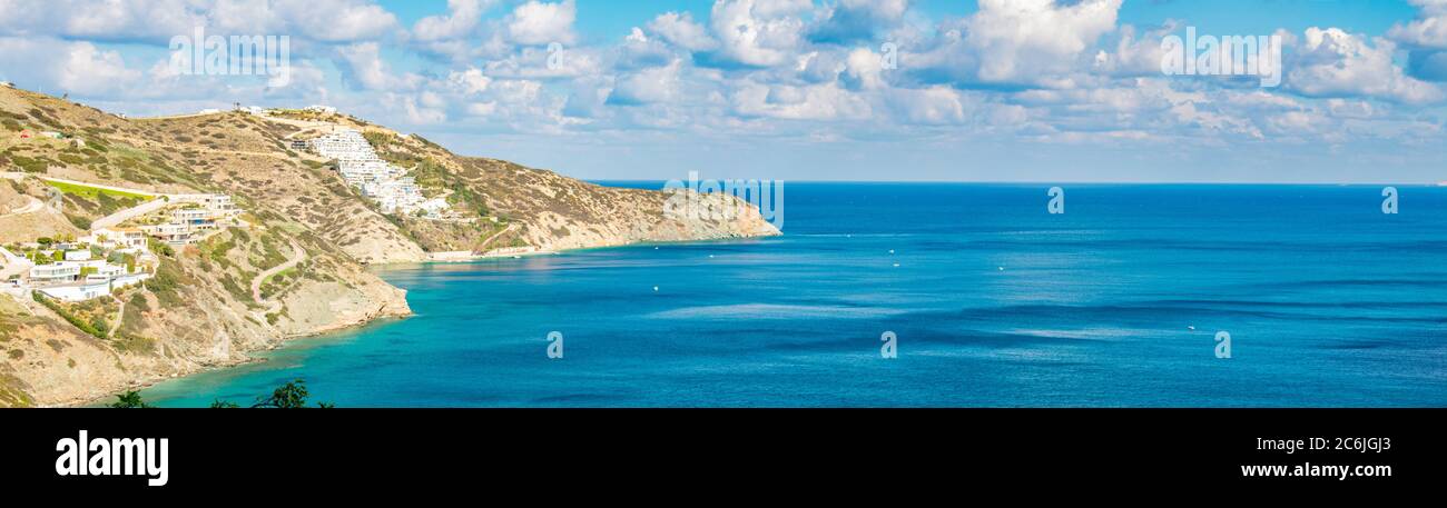 Beautiful Panorama with turquoise sea. View of Theseus Beach, Ammoudi, Crete, Greece. Stock Photo