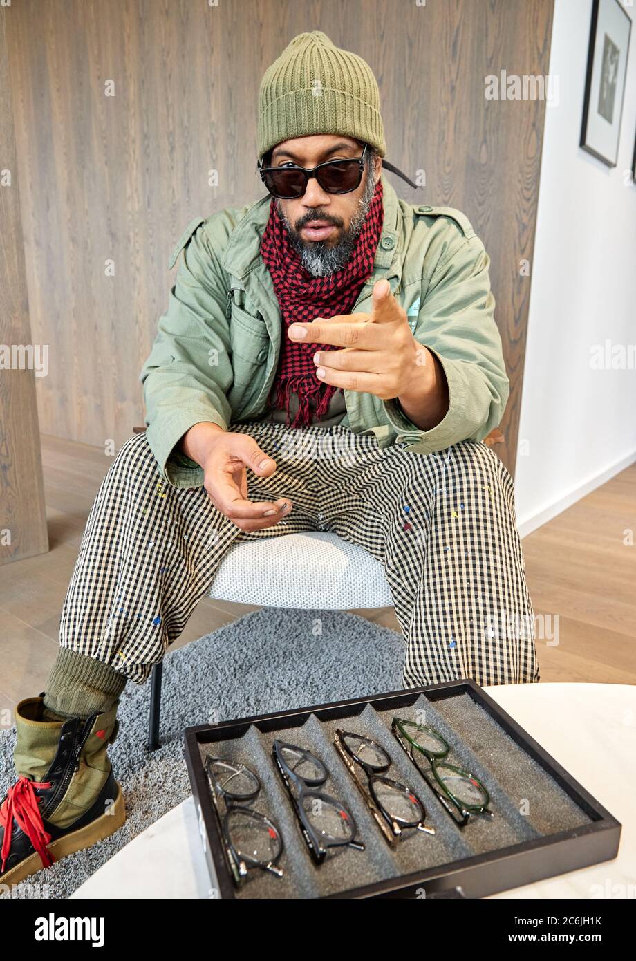 Hamburg, Germany. 10th July, 2020. Rapper Samy Deluxe presents four special models of the eyewear brand vooy at the presentation of a new collection of glasses by online optician Edel-Optics. Credit: Georg Wendt/dpa/Alamy Live News Stock Photo