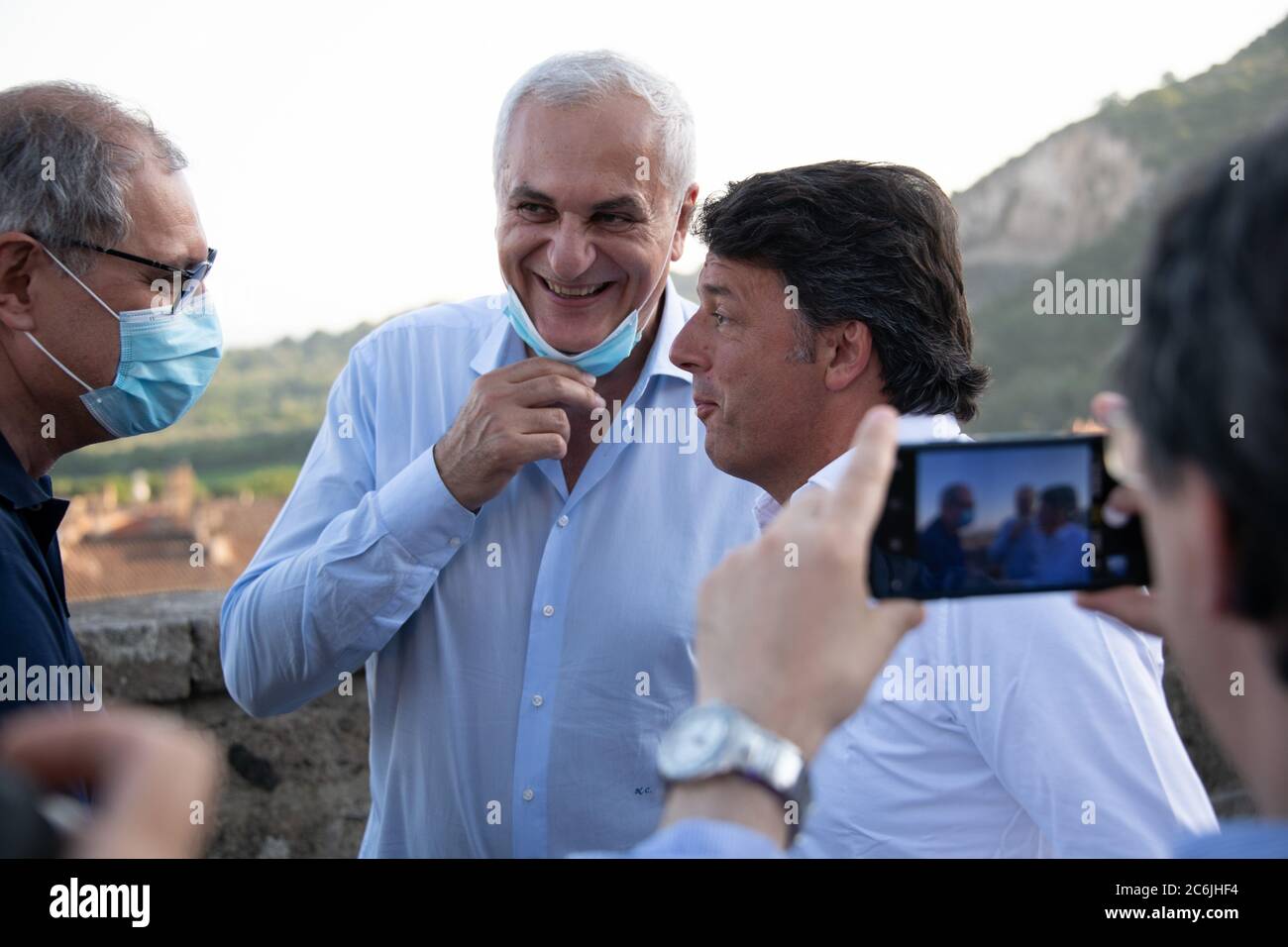 Caserta, Italy. 09th July, 2020. The leader of 'Italia Viva' Matteo Renzi arrives in Caserta to support the candidate Nicola Caputo in the next regional elections.He also speaks about his latest book 'La mossa del cavallo'. In the picture: Nicola Caputo and Matteo Renzi. (Photo by Gennaro Buco/Pacific Press/Sipa USA) Credit: Sipa USA/Alamy Live News Stock Photo
