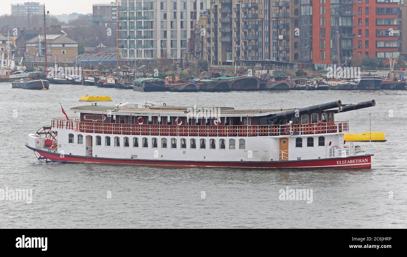 London, United Kingdom - January 25, 2013: Paddle Steamer Boat Elizabethan Cruising at River Thames in London, UK. Stock Photo