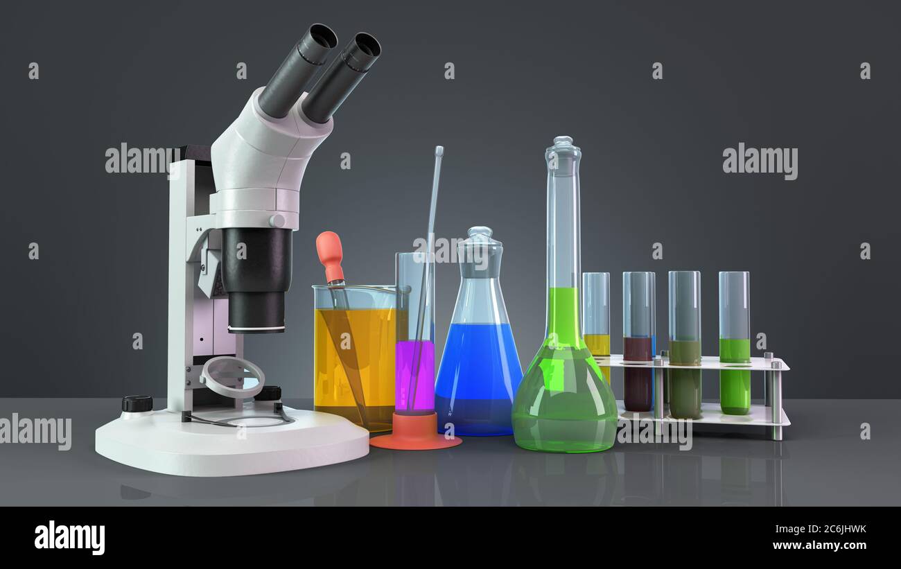 test tubes and flasks with reagents stand next to the microscope on the ...