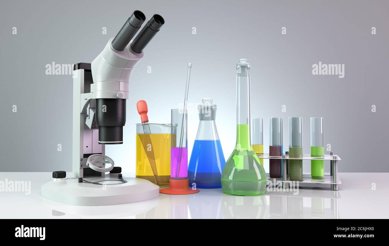 test tubes and flasks with reagents stand next to the microscope on the ...