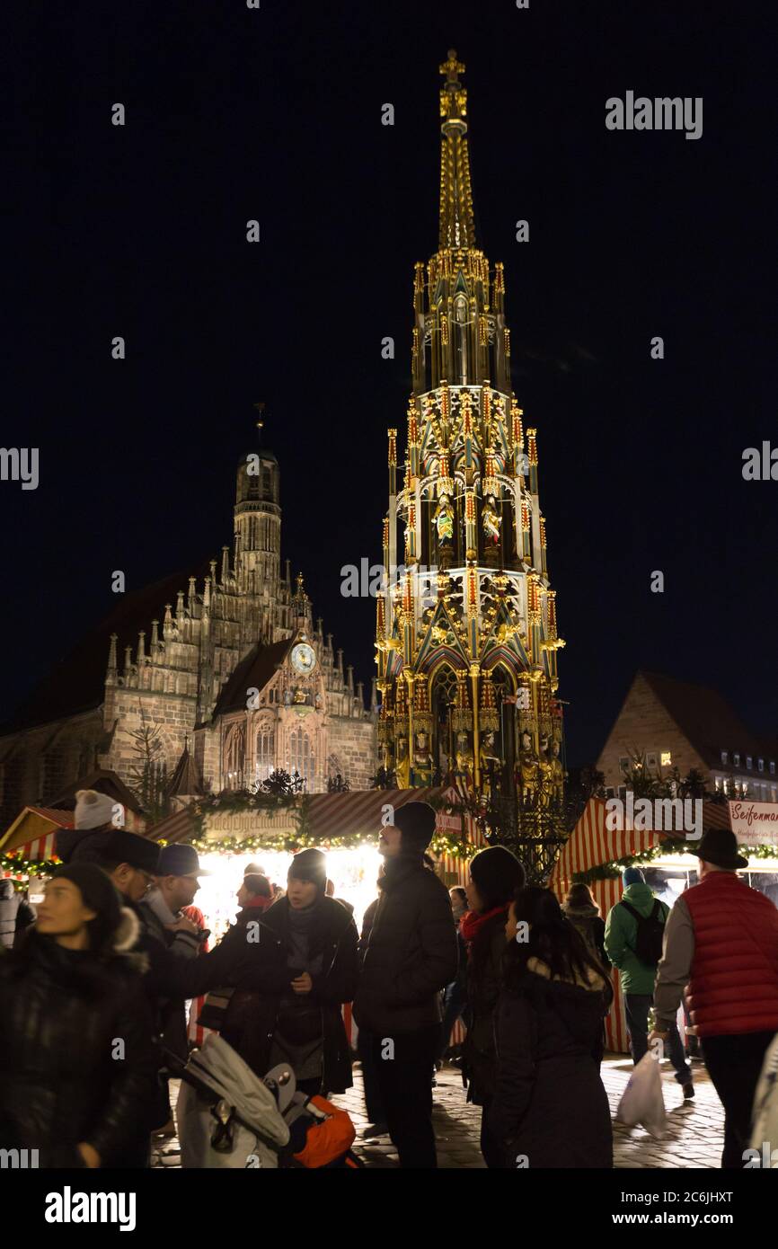 Nuremberg/Germany - December 21, 2019: Christkindlesmarkt in Nuremberg, Germany. The annual Christmas market takes place during Advent in Nuremberg. Stock Photo