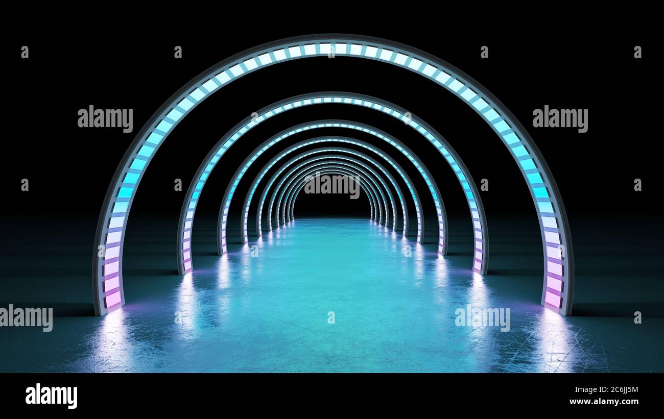 abstract minimal background glowing cyrcle lines tunnel neon lights 3d ...