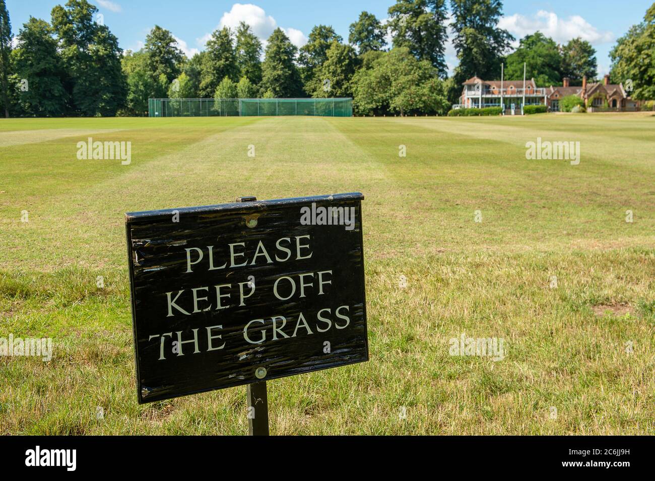 Eton, Windsor, Berkshire, UK. 10th July, 2020. The cricket grounds at the Upper Club at Eton College are being prepared for cricket to restart. Recreational cricket will be allowed to start again from tomorrow 11th July 2020 in England following the Government's announcement on the easing of the Coronavirus Covid-19 lockdown rules. Credit: Maureen McLean/Alamy Live News Stock Photo