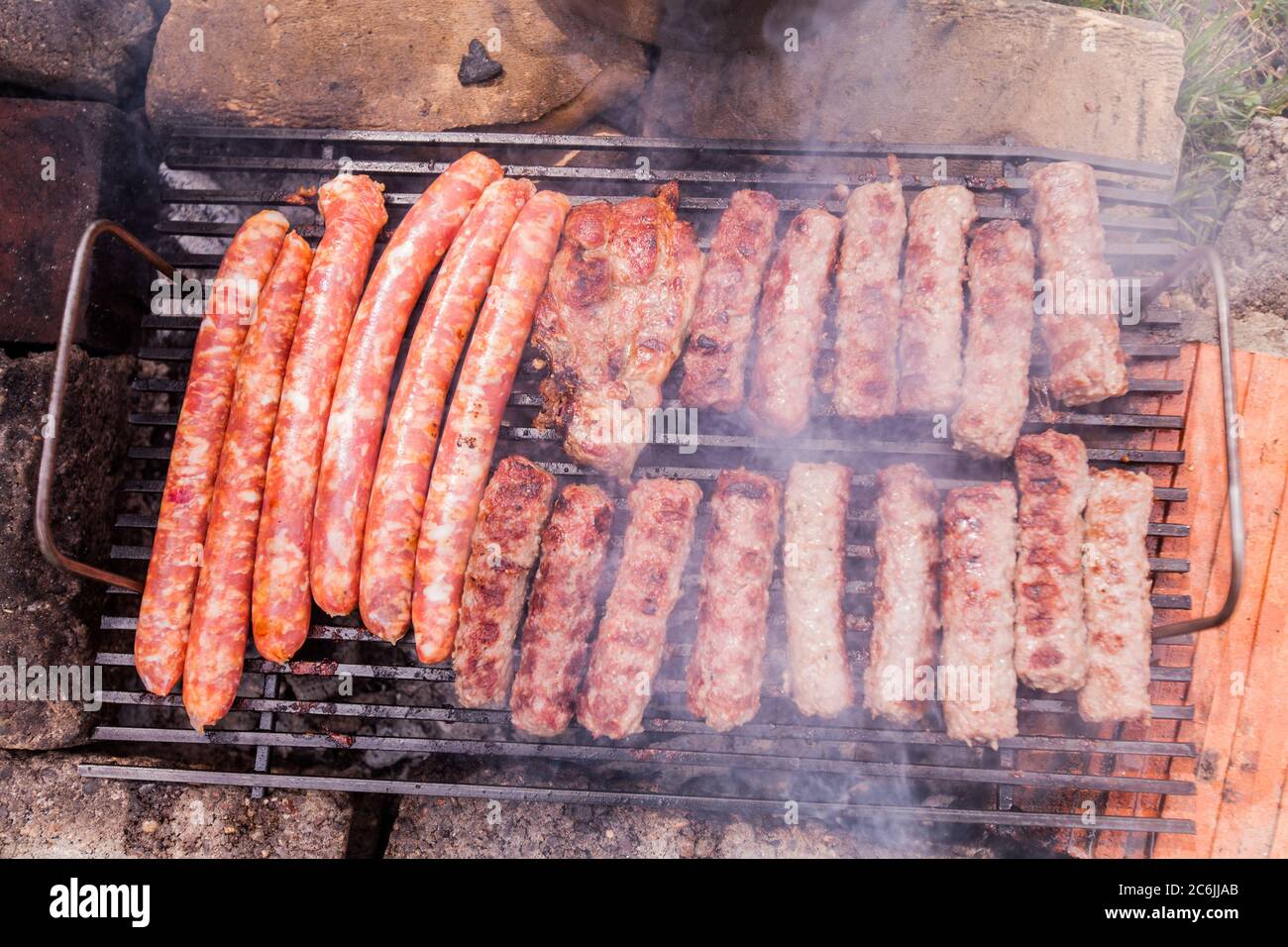 Grilling meat, Barbecue, BBQ party , camping food, outdoor activity