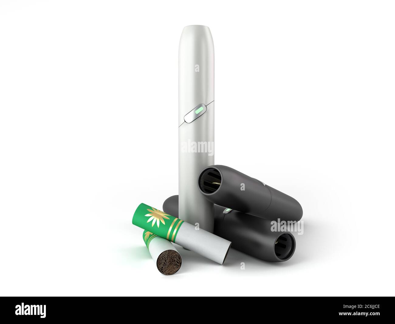 heat not burn tobacco product technology electronic cigarette and sticks 3d render on white