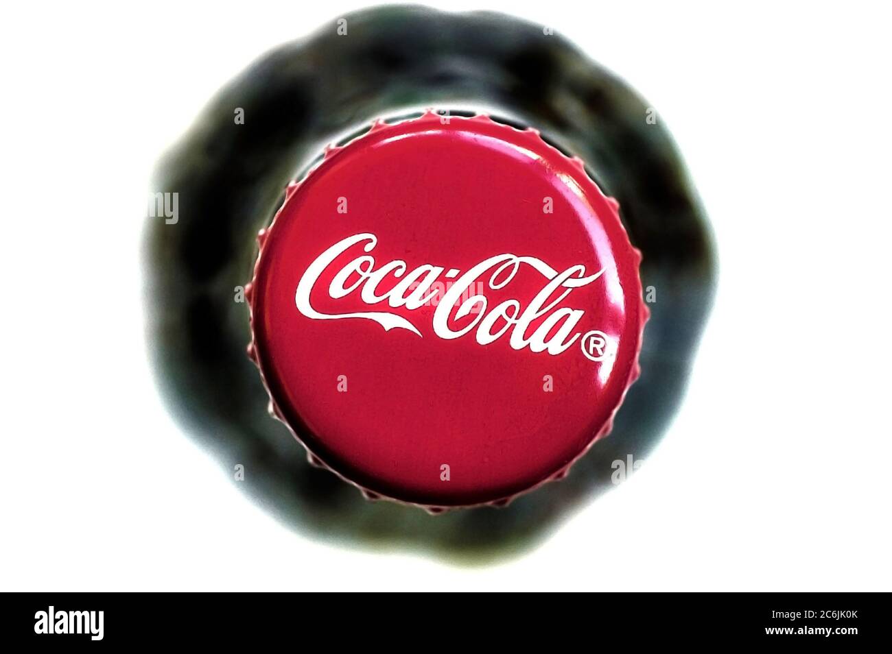 BELGRADE, SERBIA  July 14, 2017: Top view of red cap from bottle of Coca cola on a white background Stock Photo