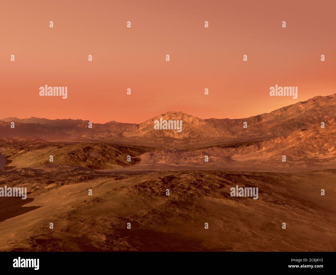 3D Mars landscape rendering with a red rocky terrain, for science fiction or space exploration backgrounds. Stock Photo