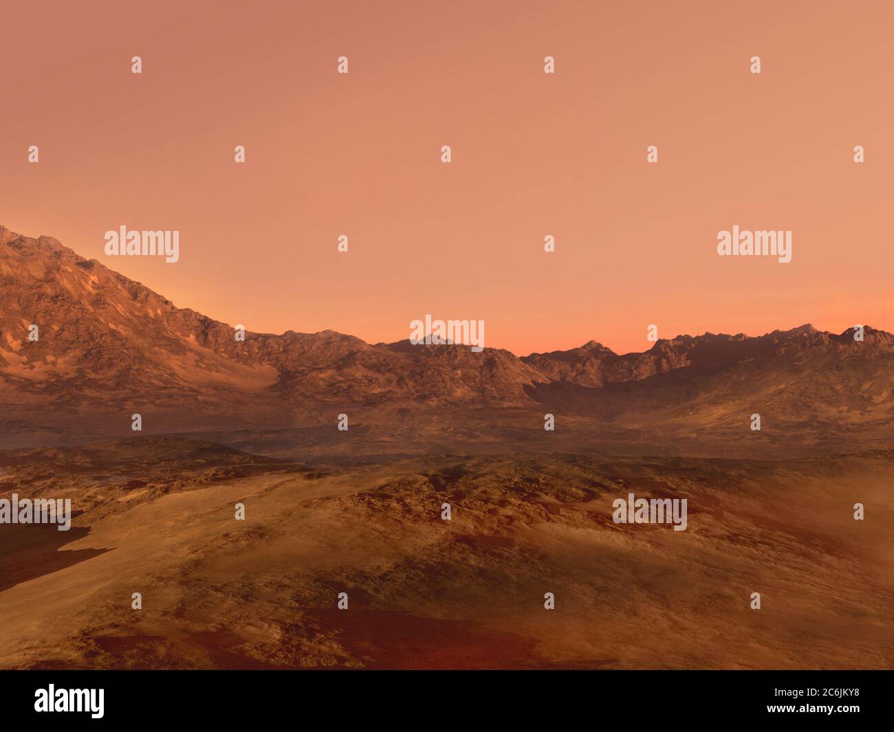 3D Mars landscape rendering with a red rocky terrain, for science fiction or space exploration backgrounds. Stock Photo