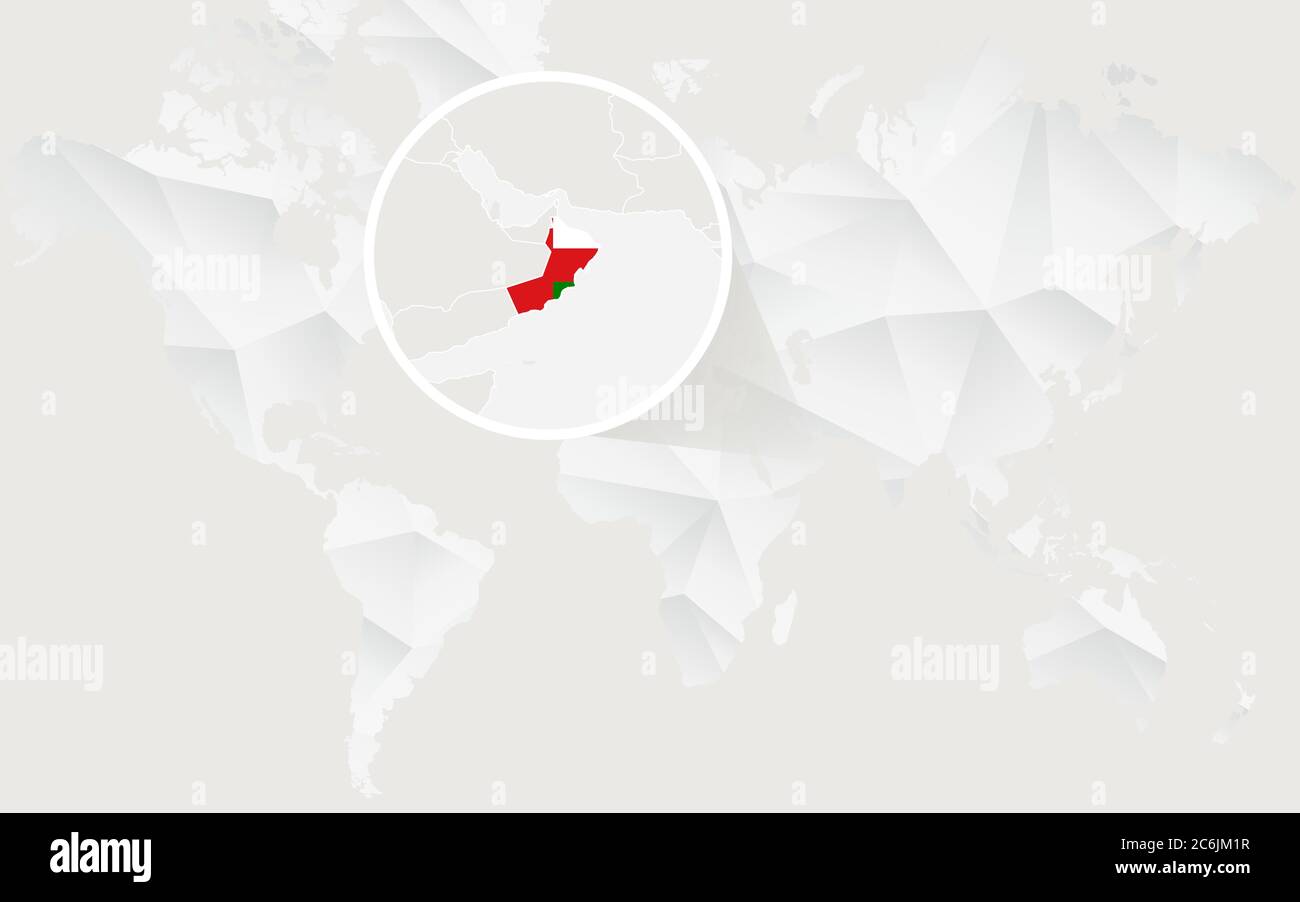 Oman map with flag in contour on white polygonal World Map. Vector ...
