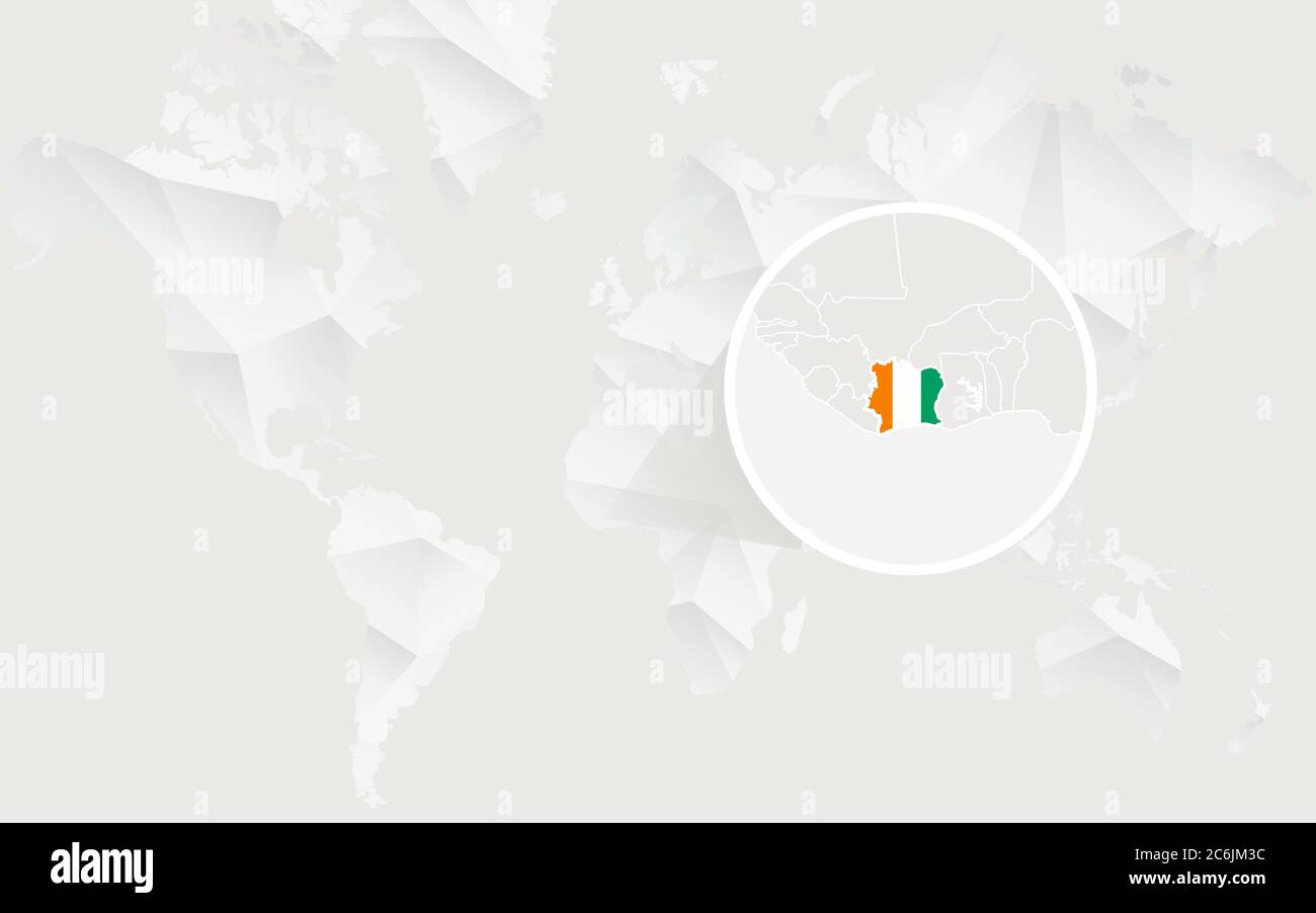 Ivory Coast map with flag in contour on white polygonal World Map ...