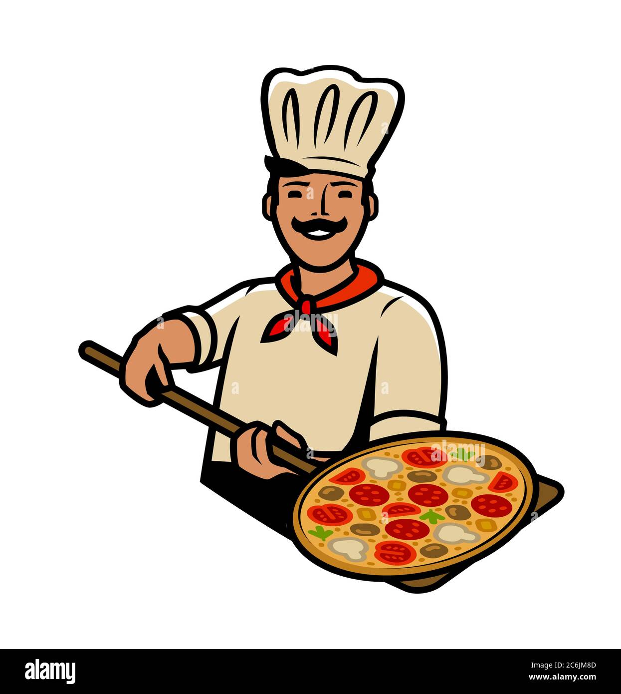 Chef with pizza. Pizzeria, food, restaurant vector illustration Stock