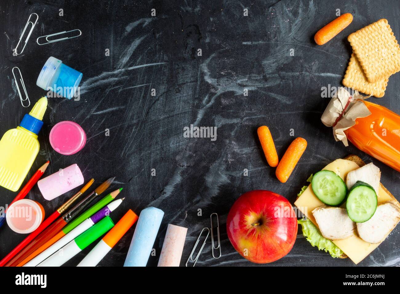School lunch, open sandwich with salad cheese, chicken and cucumber