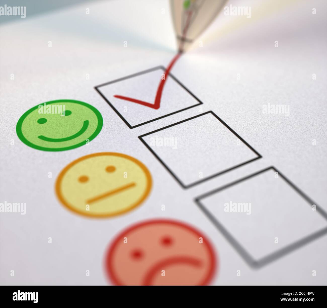 Positive check mark on customer service satisfaction. 3D illustration, check box concept of feedback. Stock Photo