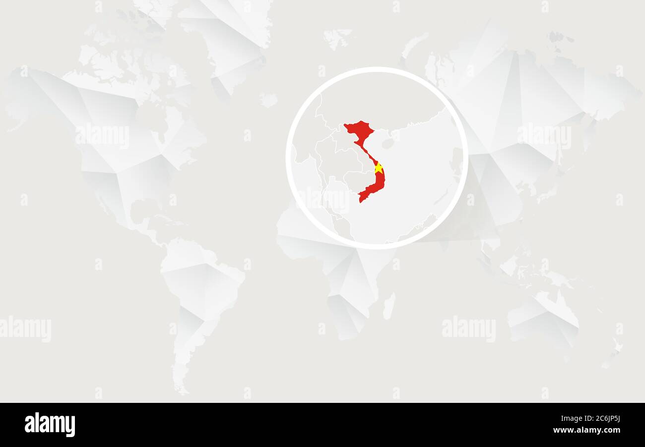 Vietnam map with flag in contour on white polygonal World Map. Vector ...