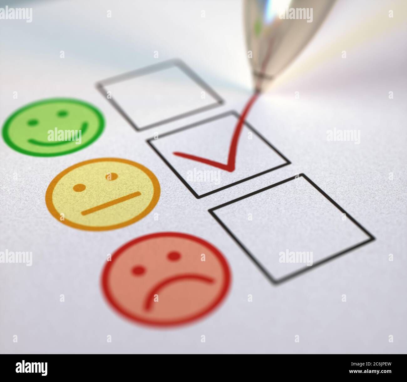 Neutral check mark on customer service satisfaction. 3D illustration, check box concept of feedback. Stock Photo