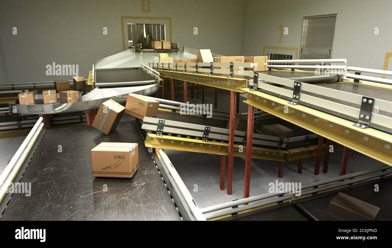 modern sorting system conveyor concept cardboard boxes on conveyor 3d ...