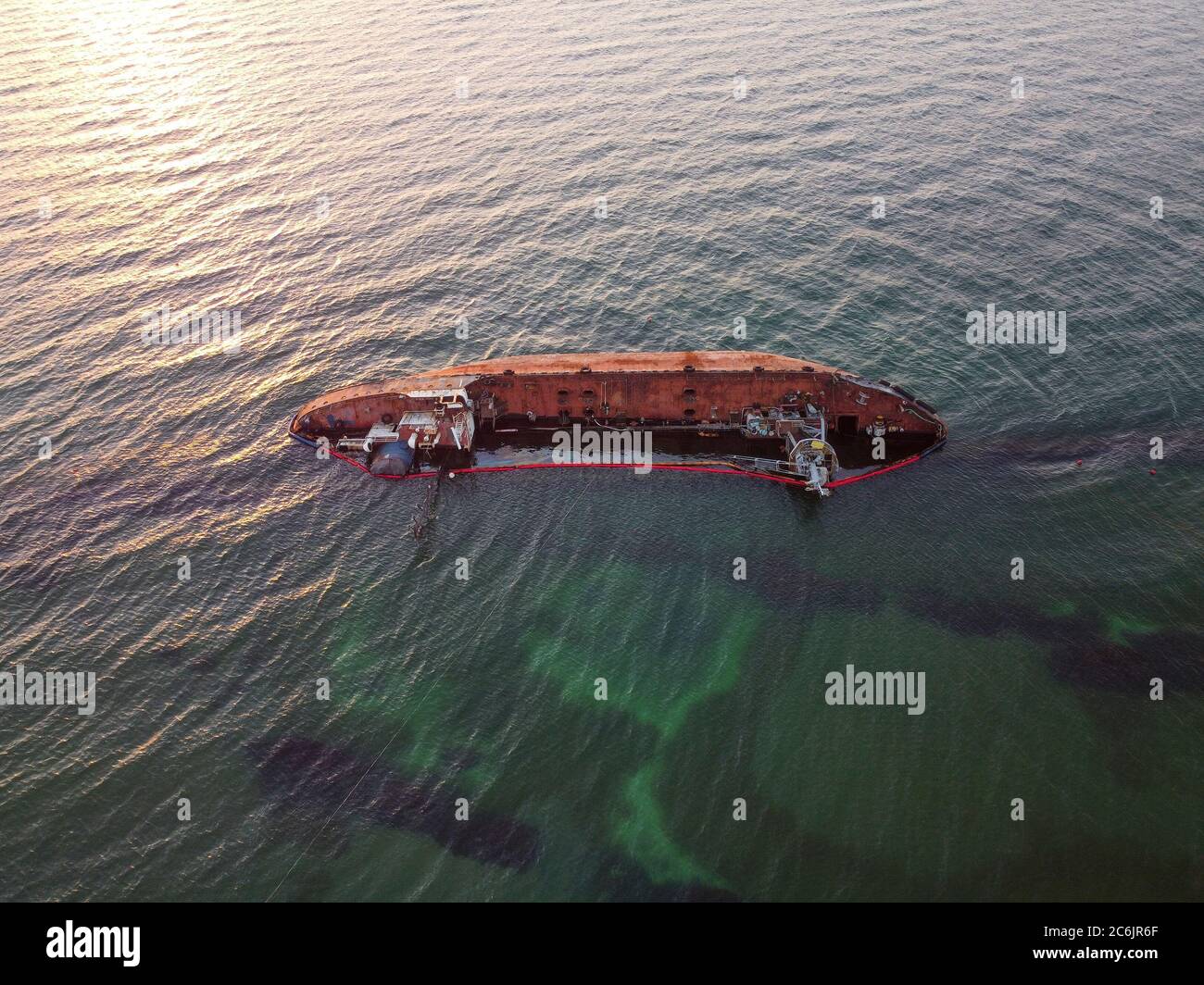05.07.2020 Odessa, Ukraine. The sunken tanker Delfi was swept into the sea by a storm and sailed to the shores of the Black Sea in Odessa. Stock Photo