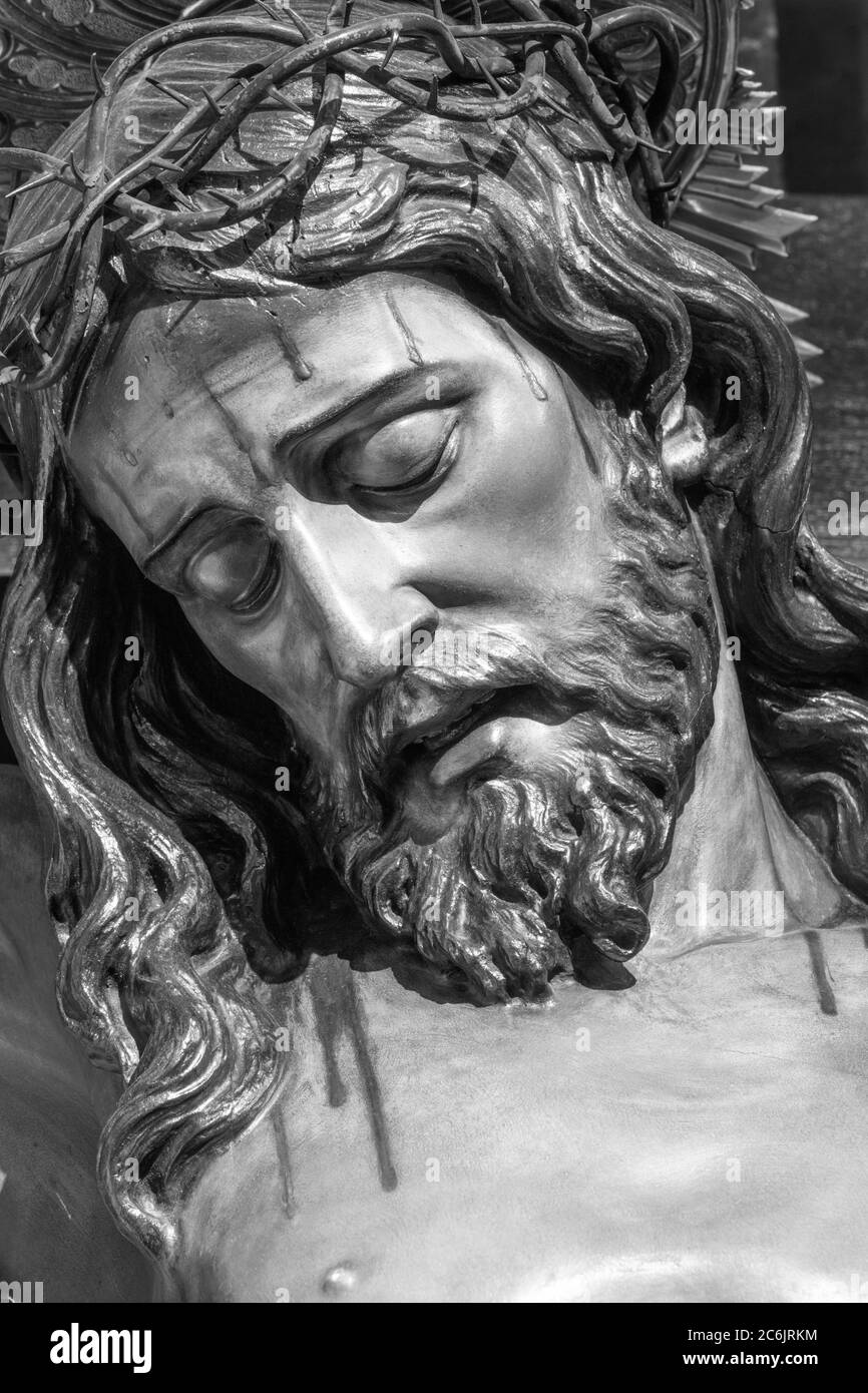 BARCELONA, SPAIN - MARCH 5, 2020: The detail of carved statue of Jesus on the cross in the church Església de la Concepció from 20. cent. Stock Photo