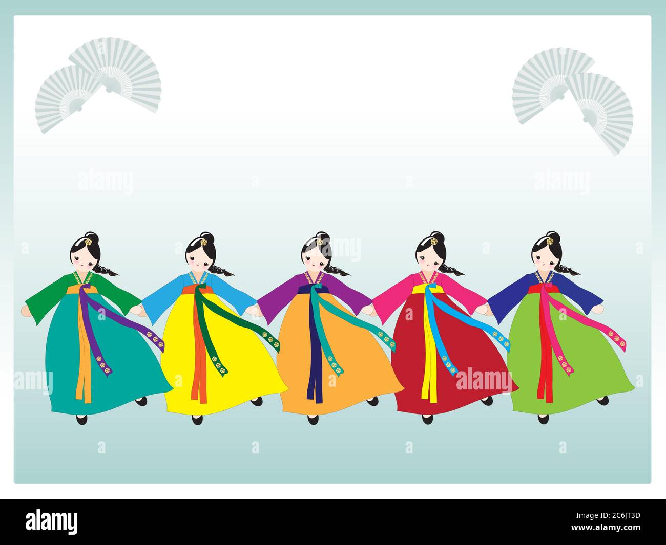 A row of cute Korean girls in national dress. Space for your text. EPS10 vector format. Stock Vector