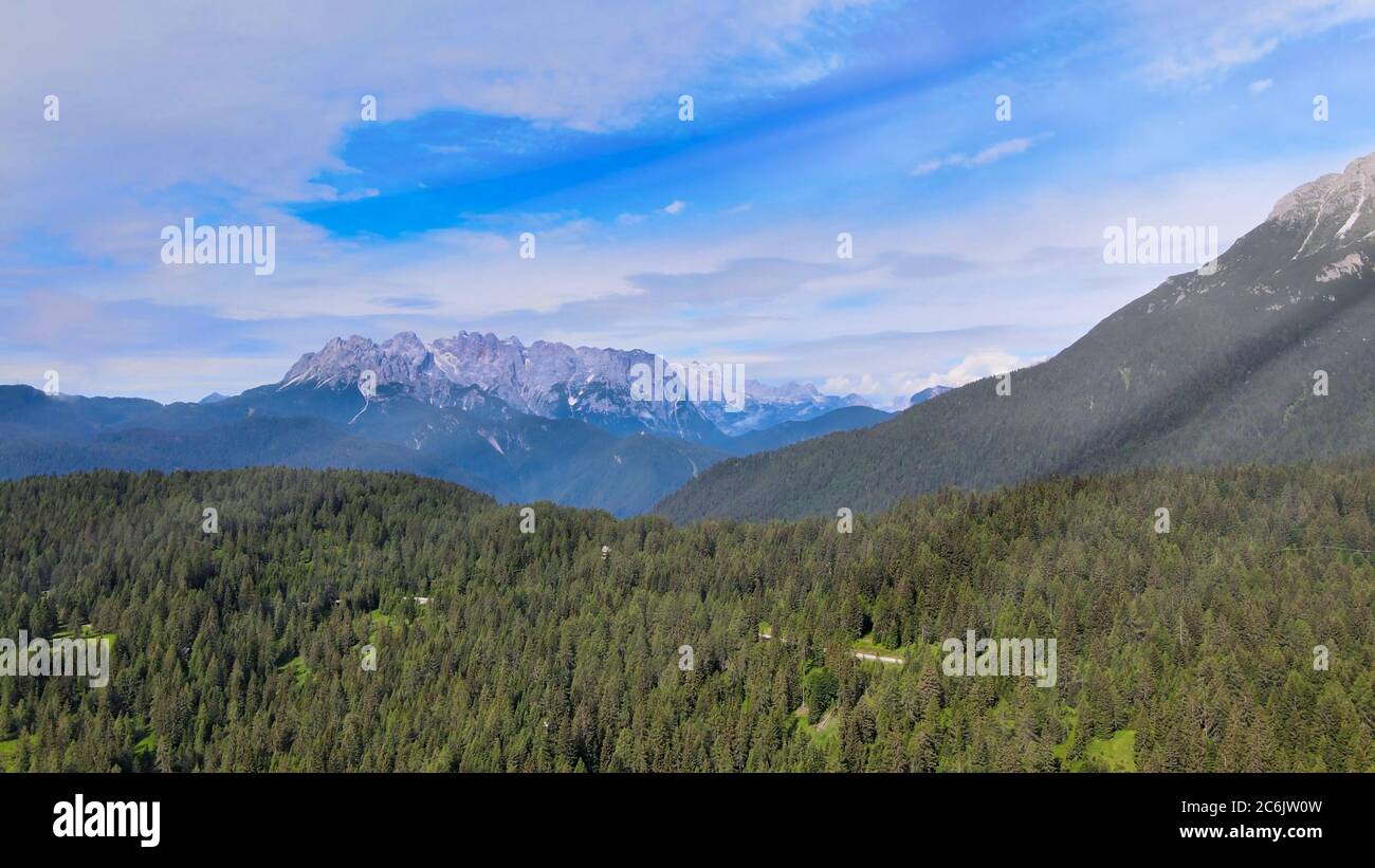 Alpin landscape with beautiful mountains in summertime, view from drone. Stock Photo