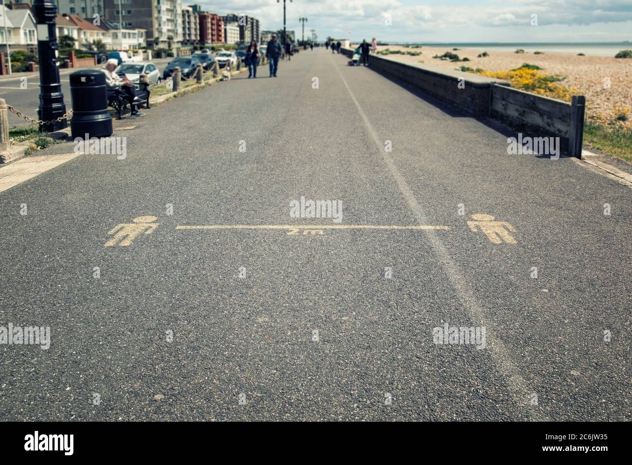 2-meter markings on the pavement as a safety measure during the COVID-19 pandemic 2020. Stock Photo