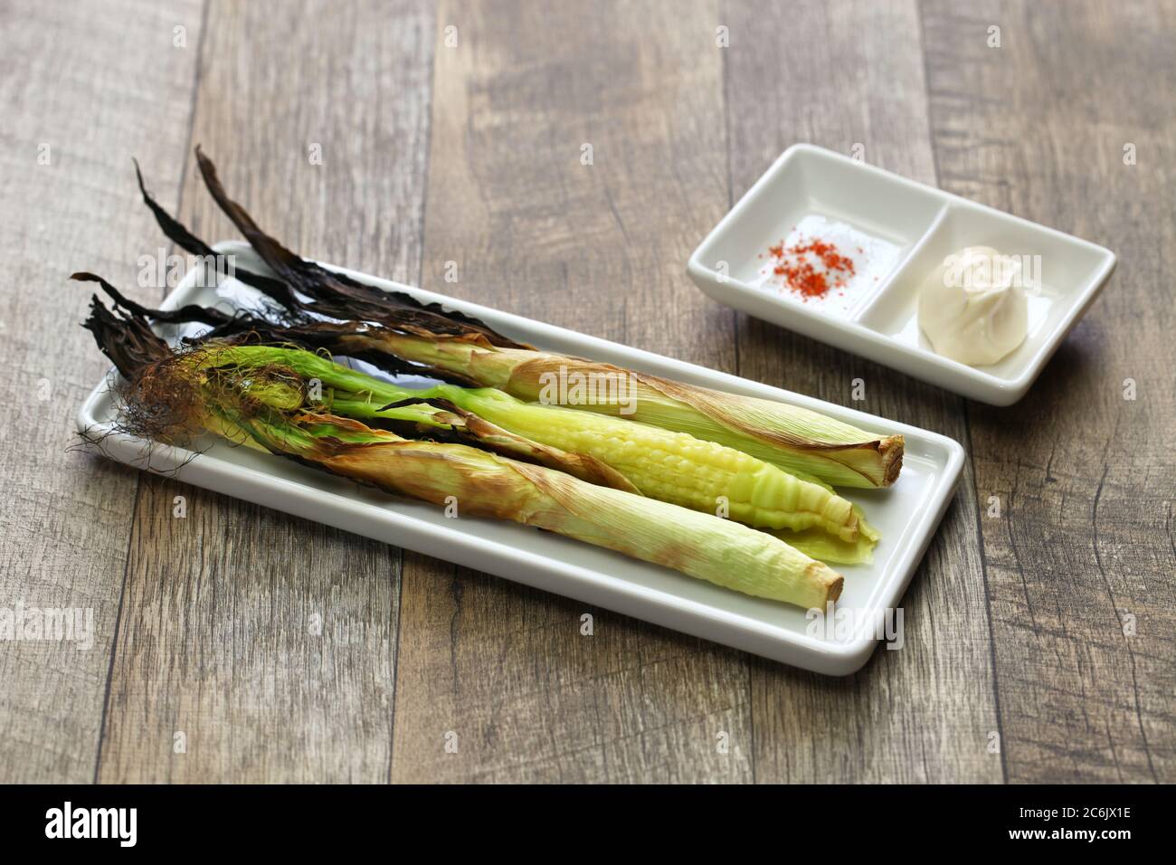 grilled whole baby corn, appetizer Stock Photo