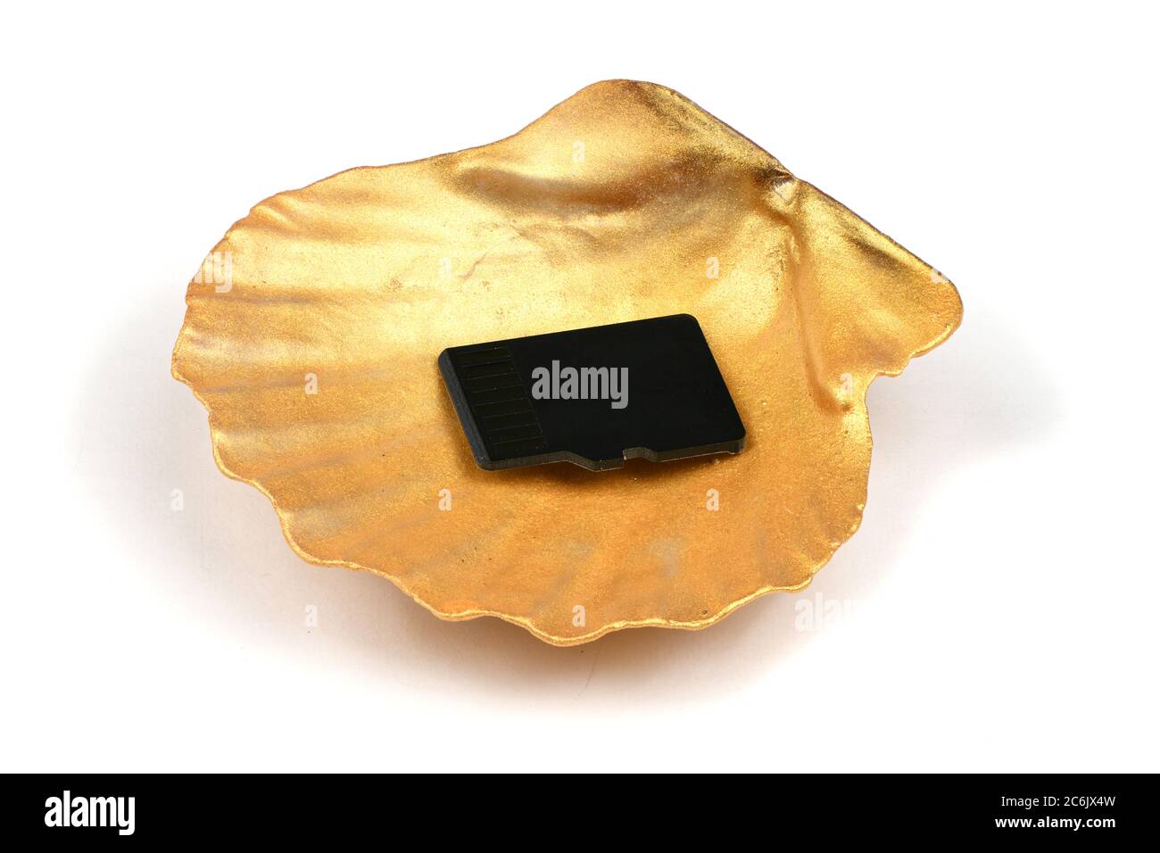 Memory Card Golde SD memory card on golden seashell isolated on white background. High ...