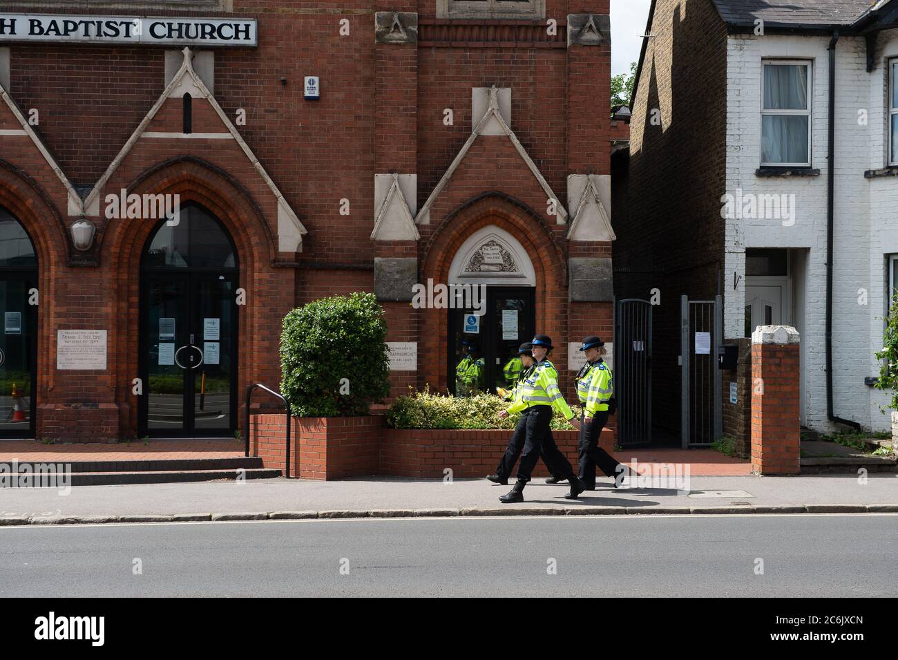 Slough, Berkshire, UK. 10th July, 2020. Three policewomen out on patrol in Slough, Berkshire as the Coronavirus lockdown eases. Credit: Maureen McLean/Alamy Live News Stock Photo