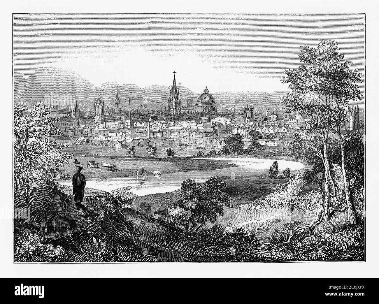 An old engraving of Oxford, Oxfordshire, England, UK c. 1800. The city's famous university and many churches gave rise to it being described as the 'city of dreaming spires'. The dome is the Radcliffe Camera built in 1748. In the foreground, south of the city, is the River Thames with cattle grazing on the water meadows. Stock Photo