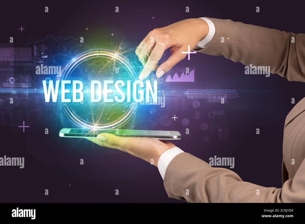 Inscription Technology Close-up of a touchscreen with WEB DESIGN inscription, new technology ...